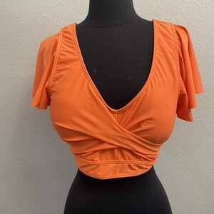 Daci Women's Orange Flutter Sleeve Faux Wrap Swim Top Size 18W NEW Removable Cup